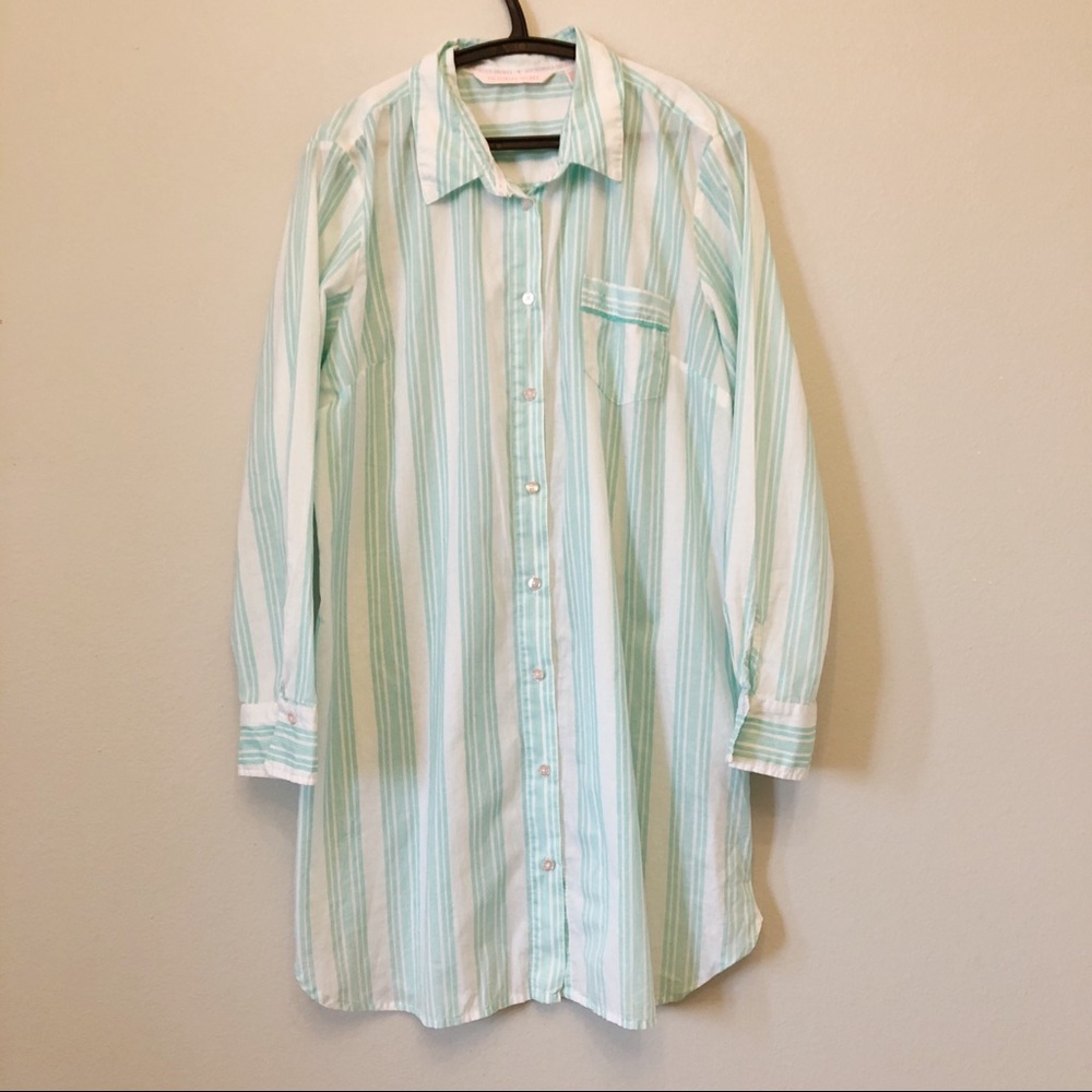 Cotton Shirt Pajama Dress Sleepwear White Teal